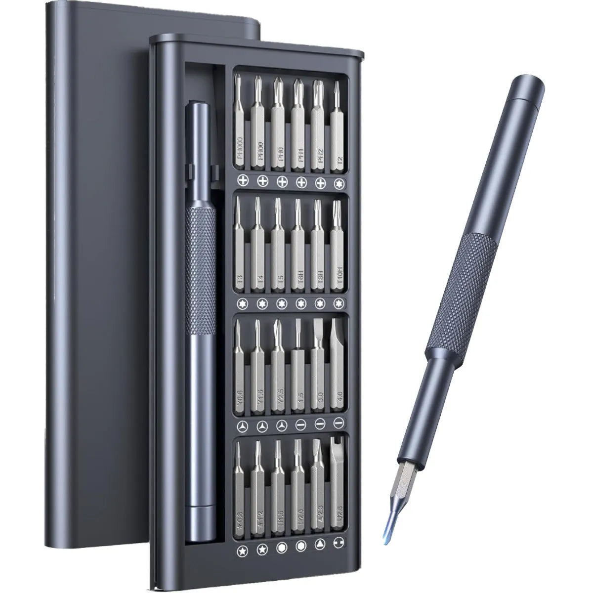 25-in-one magnetic precision screwdriver set with chrome vanadium steel bits and black knurled ABS handle.