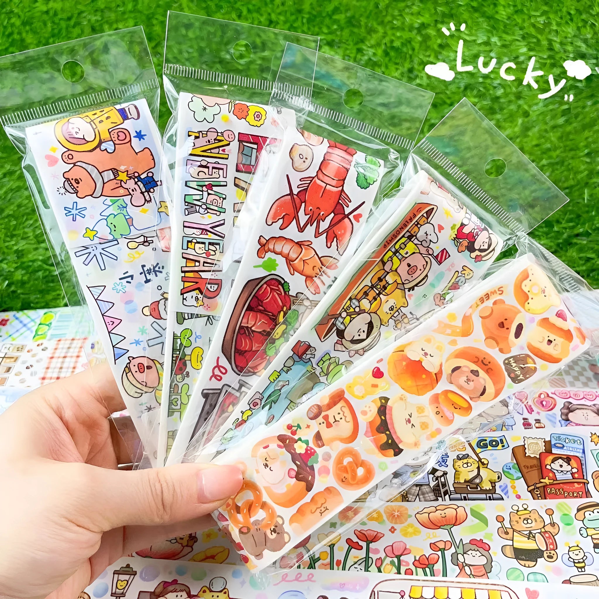 Cute cartoon character decorative sticker on Japanese paper for packaging.