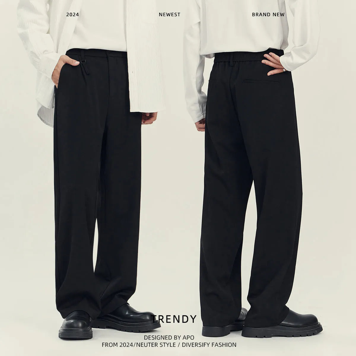 Black and grey loose straight-leg business casual trousers on a hanger, showing draping fit.