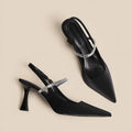 Women's black stiletto sandals with pointed closed toe and single buckle strap closure