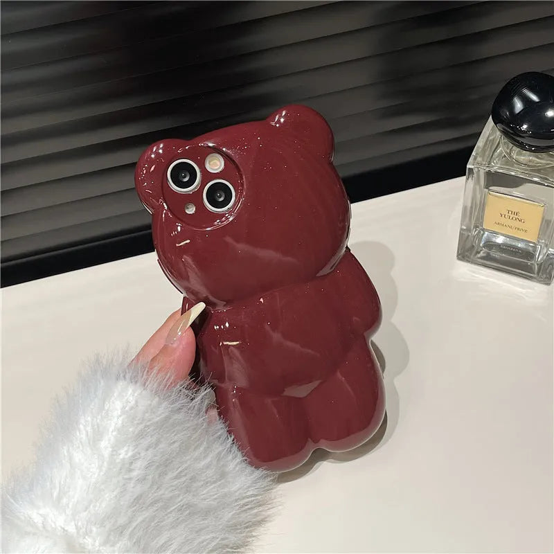 Silicone anti-fall phone case with cute three-dimensional bear design for iPhone, khaki colour