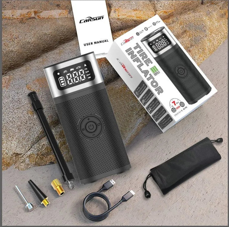 Black portable wireless air pump with USB charging cable and multiple inflation nozzles