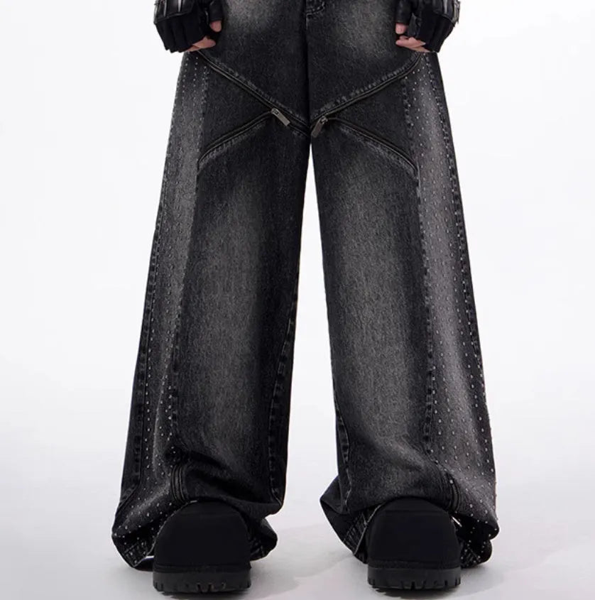 Black and grey wide leg pants with structure zipper and matching waistcoat set