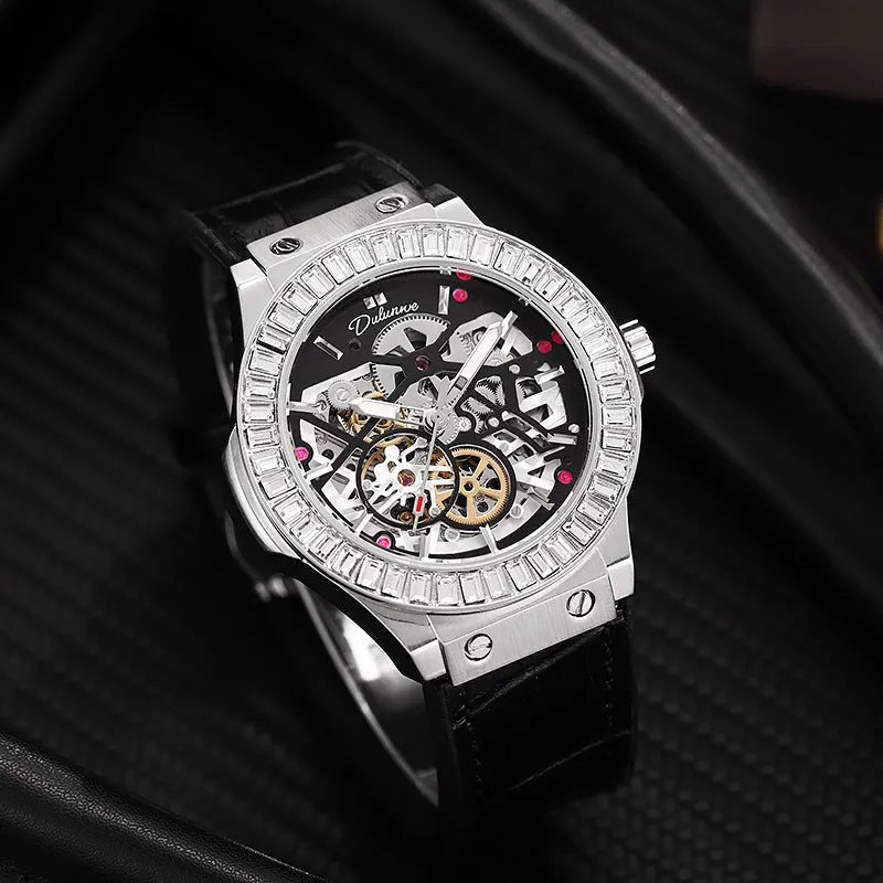Men's automatic mechanical watch with hollow movement, diamond studs on white shell case, and a black dial.