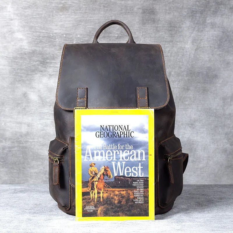 Brown retro crazy horse leather backpack with double shoulder straps and denim interior