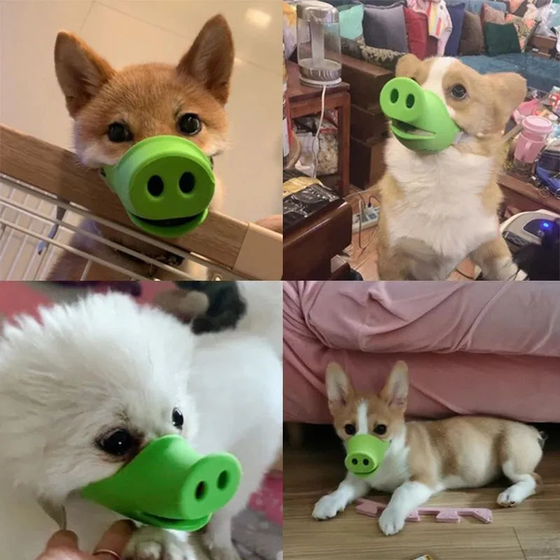 Blue silicone dog anti-bite mouth cover shown on long-mouthed breed with size dimensions displayed
