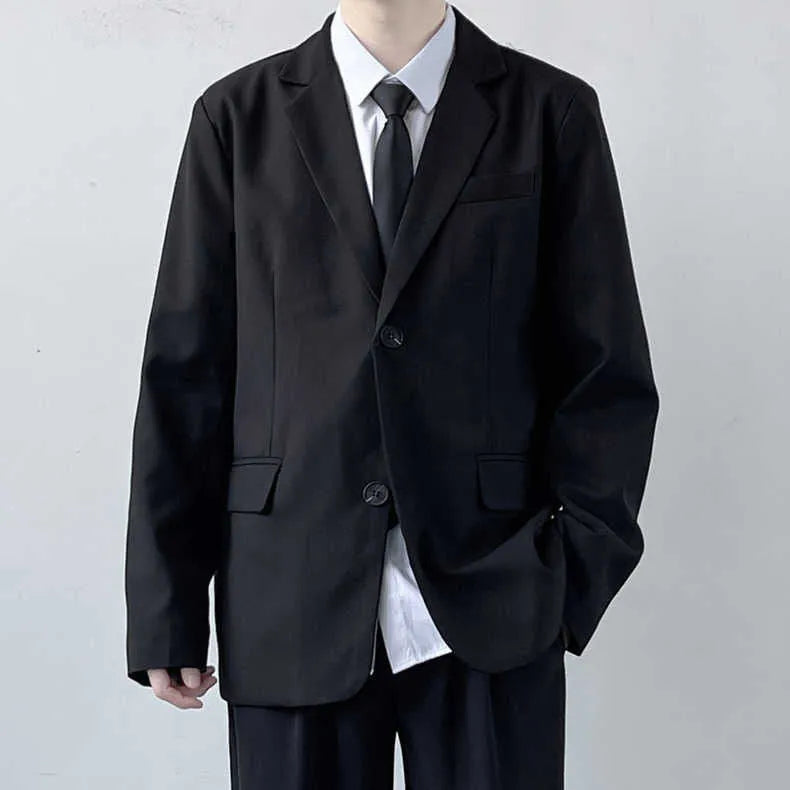 Plus size men's college style suit jacket and trousers ensemble with white shirt and tie