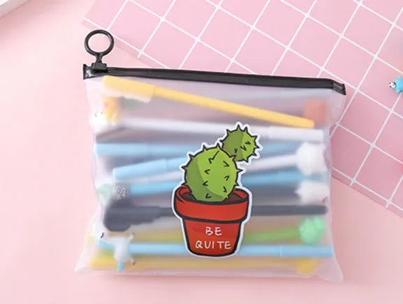 Colourful Marvel cartoon plastic pen case open to show 20 black pens, with cactus character designs.