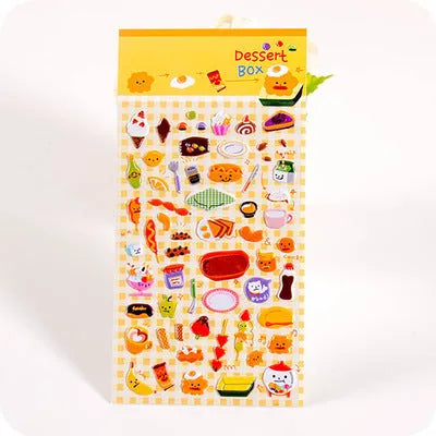 Sheet of cartoon-themed three-dimensional bubble stickers with raised surfaces on various designs like an alpaca, dinosaur, and bow tie cat.