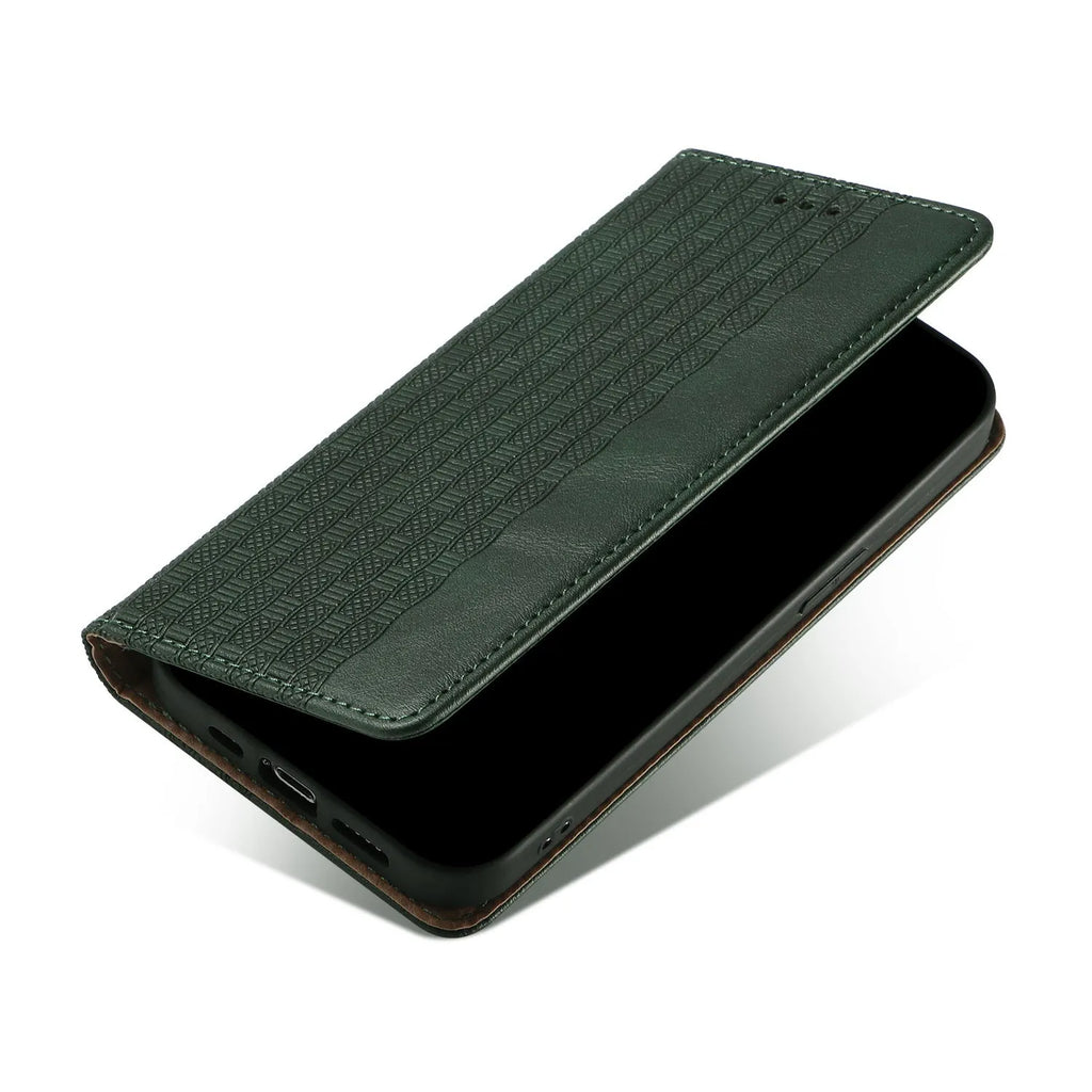 Embossed leather-style flip phone case for iPhone shown in black, brown, blue, and red colours.