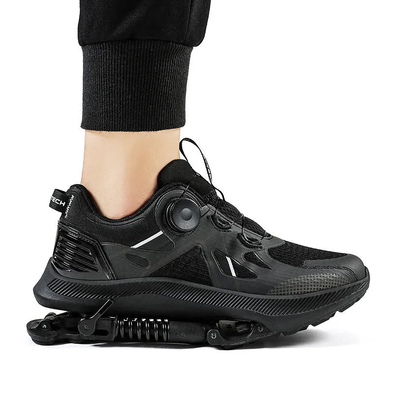 Black unisex running shoes with mesh upper, buckle fastening, and a textured rubber EVA sole.