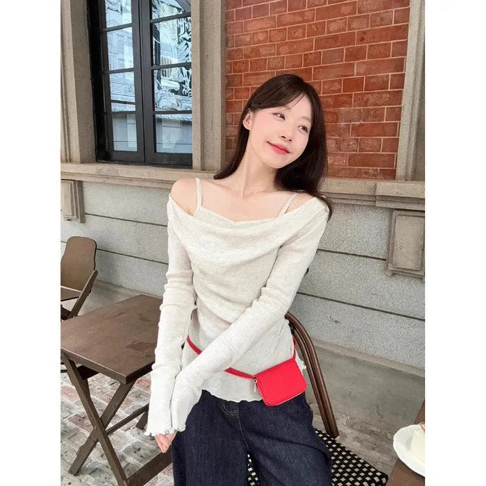 Fashion fake two-piece off-shoulder long sleeve women top in polyester with ruffle detailing, oatmeal colour