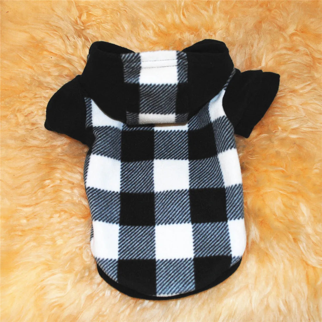 Fleece dog hooded sweater in black and white grid, winter clothing for small to large dogs