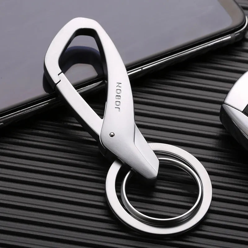 Zinc alloy car key waist hanging double ring keychain in black, chrome, or nickel colour, measuring 8.3 by 3.5 cm.