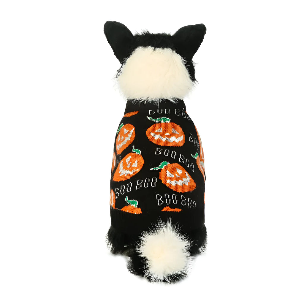 Black polyester Halloween dog sweater with orange pumpkin pattern showing front view