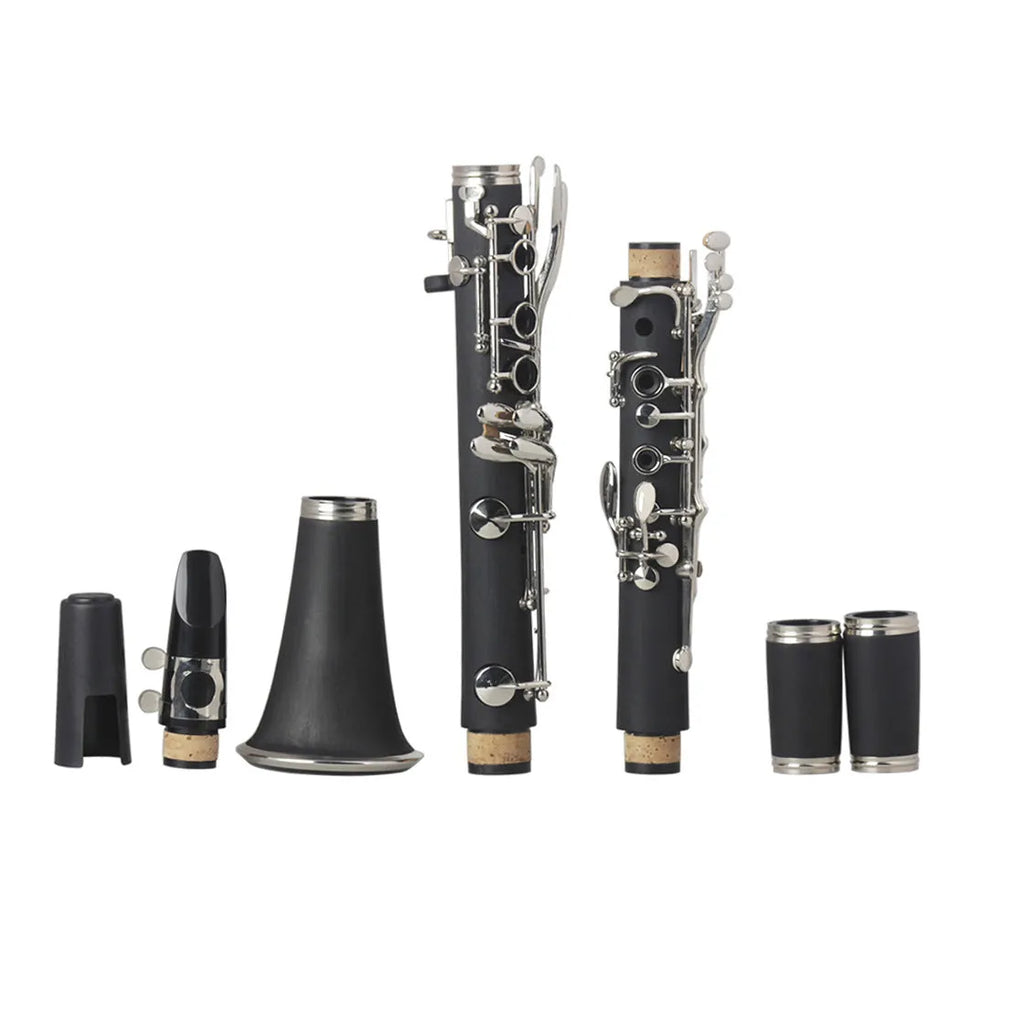 Black bakelite clarinet with nickel keys next to its protective carry bag.