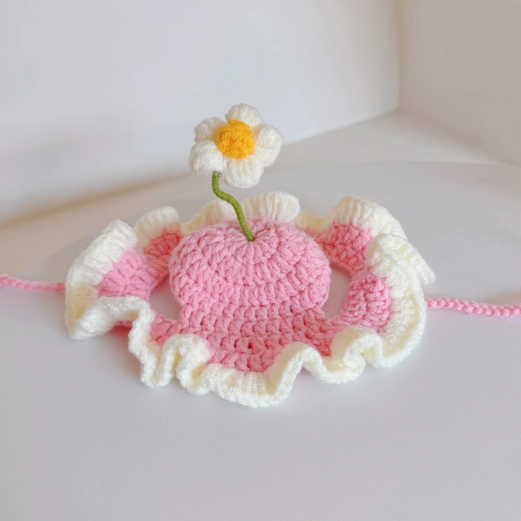 Knitted cat and dog hat in green pink yellow colours with cartoon design for pets