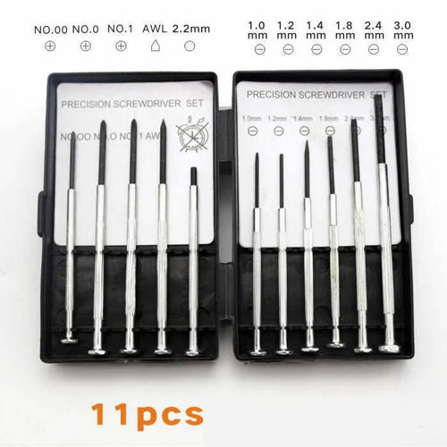 TH-6177 11-piece precision screwdriver set with cross, flat, and other tips on a grey background.