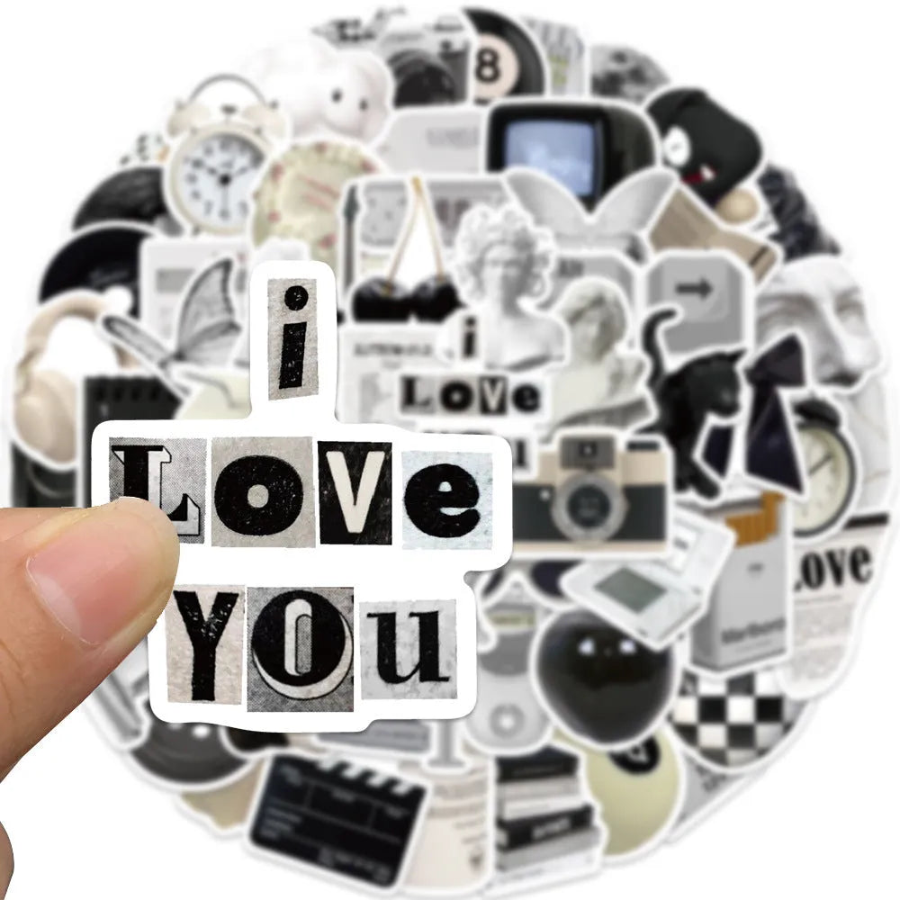 A pack of 61 black and white simple design waterproof PVC stickers for laptops and luggage.