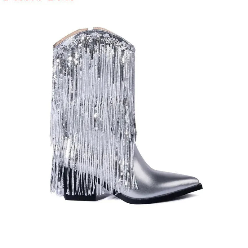 Women's black chunky heel ankle boots with tassel detail and a high stiletto heel.