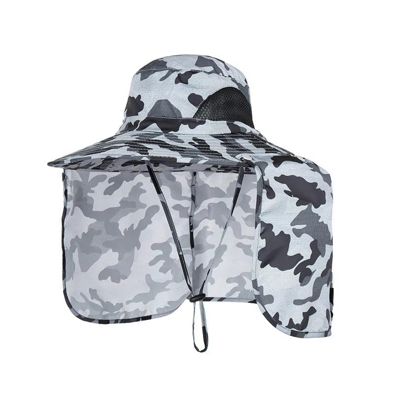 Nylon fisherman hat with neck sun protection flap in camouflage pattern