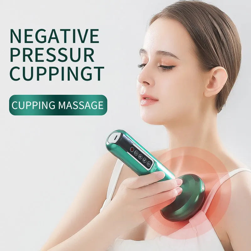 Green electric vacuum cupping massager with USB charger on a white background.