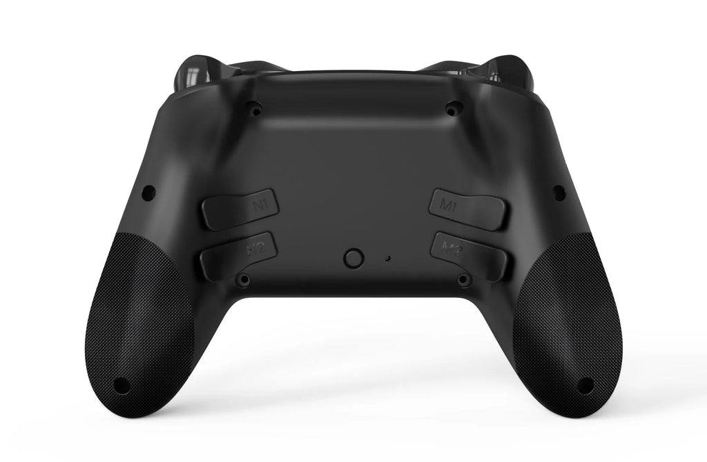 Black wireless game controller with leather-pattern texture on grips, shown next to a Type-C charging cable.
