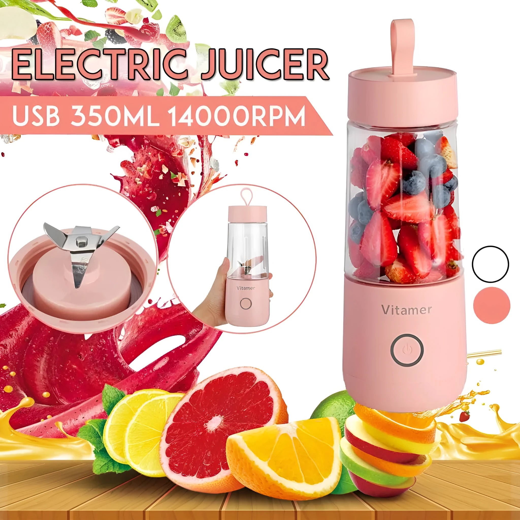 White portable USB rechargeable blender bottle with silicone lift ring, shown next to its charging cable.