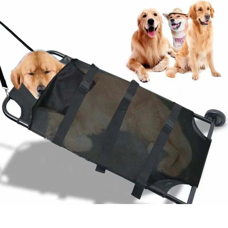 Black aluminium alloy folding pet stretcher for large dogs and emergency animal transfer.