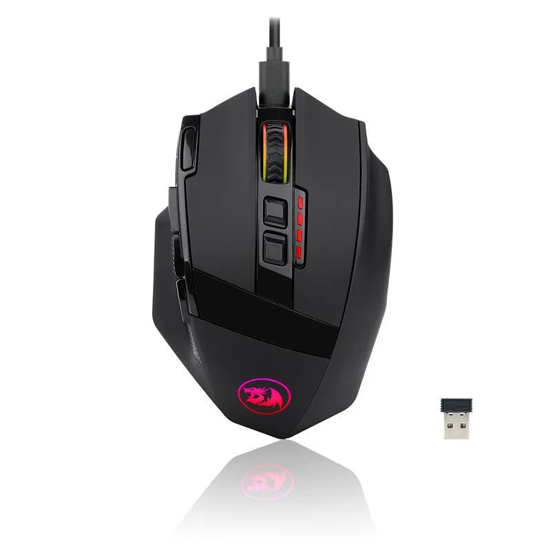 Black Redragon M801P dual-mode wireless and wired gaming mouse with multiple side buttons.