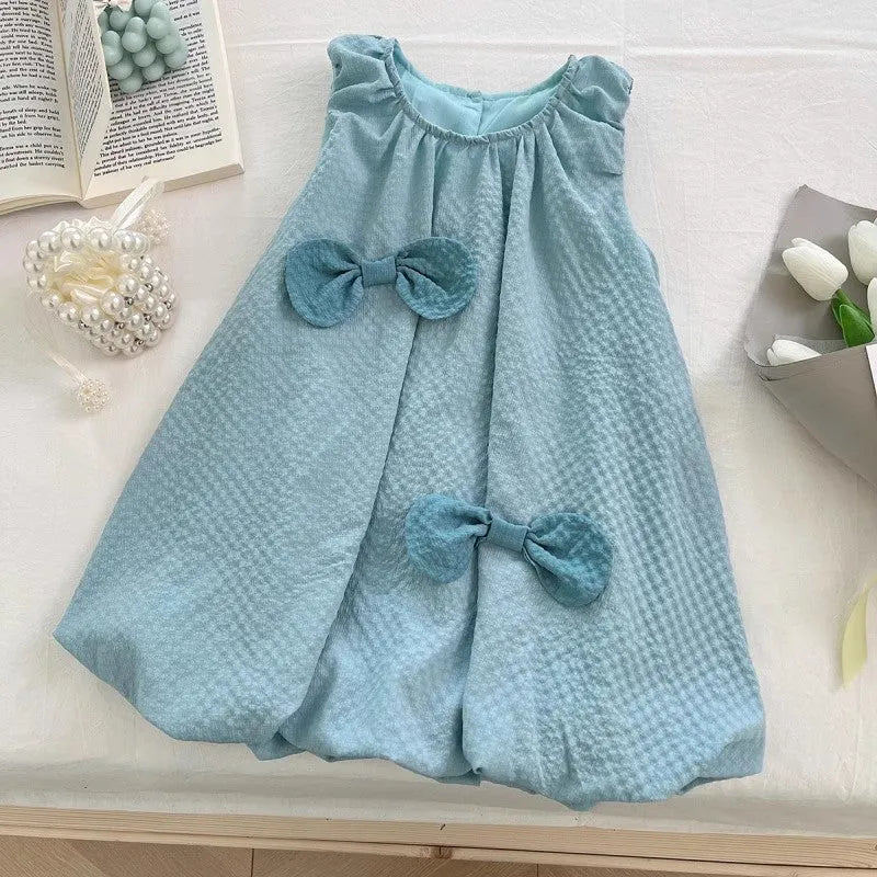 Girls' blue green bowknot sleeveless vest and shorts two-piece suit, summer outfit, size 100cm