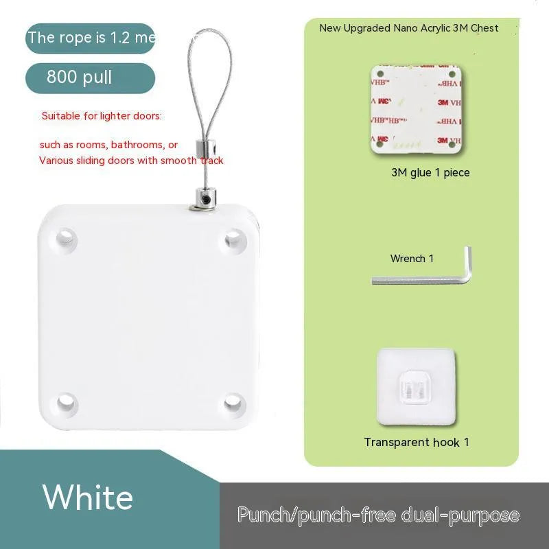 White automatic door closer with adhesive mount and tension adjuster for no-drill installation on doors.