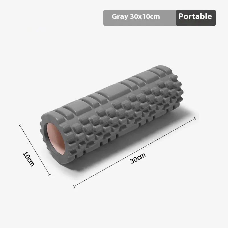 EVA foam fitness roller shown in various colours including black, pink, and blue.