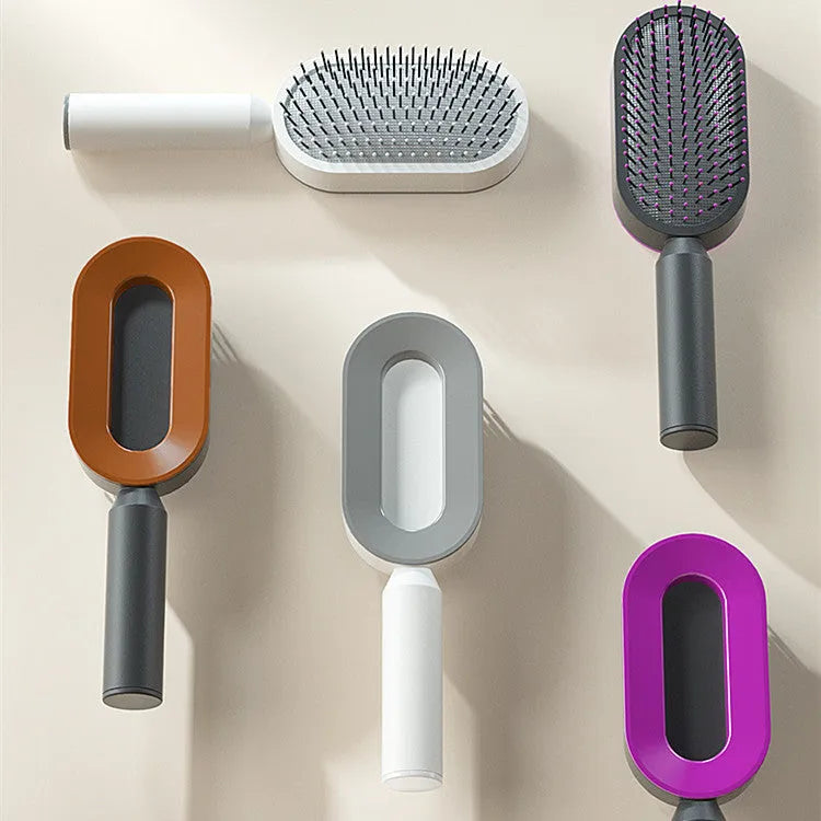 Self cleaning hair brush with one-key cleaning button and air cushion massage design in various colour options