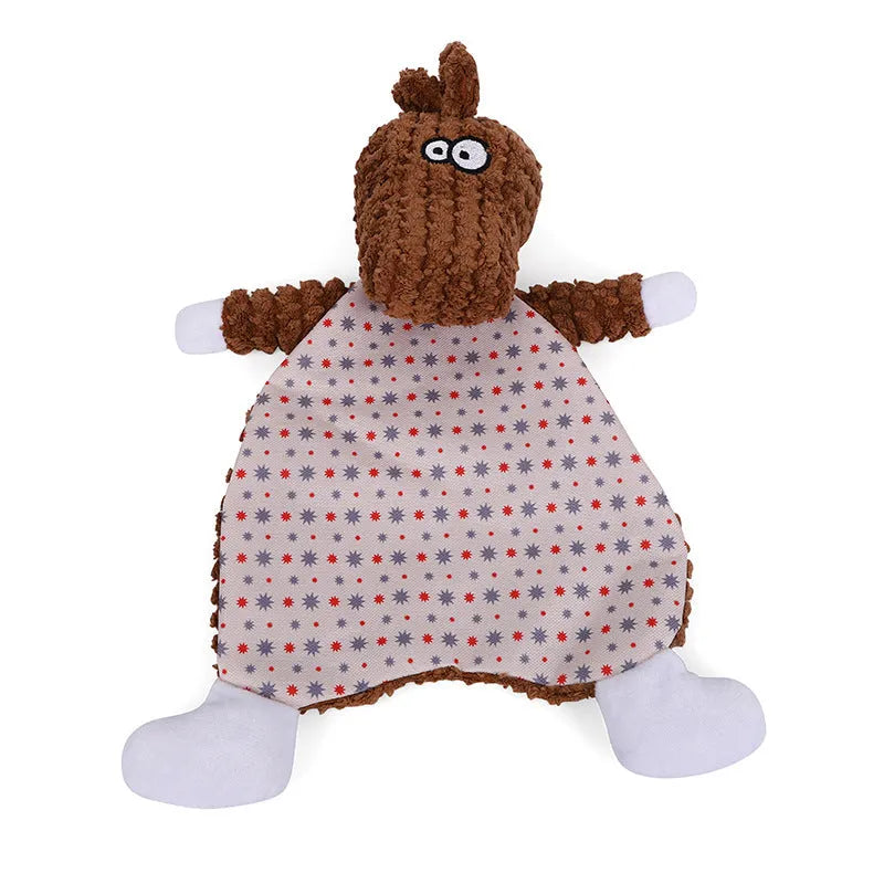 Brown, grey, or orange velvet plush pet toy shaped like a fox elephant with crinkly sound paper inside
