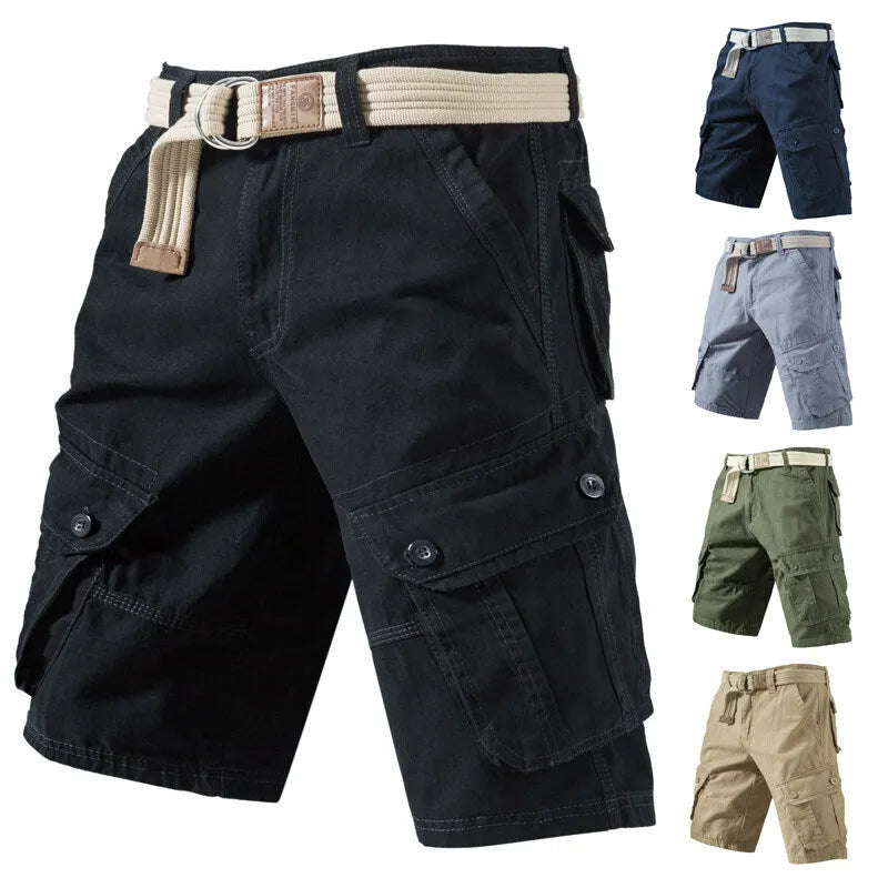 Men's cotton cargo shorts with multiple pockets in army green colour