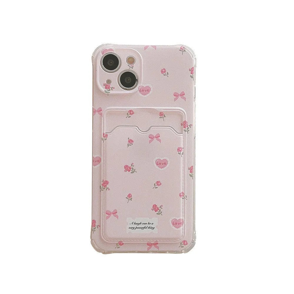 Small broken flower phone case with card holder slot, pink full-screen floral design, TPU material, for iPhone