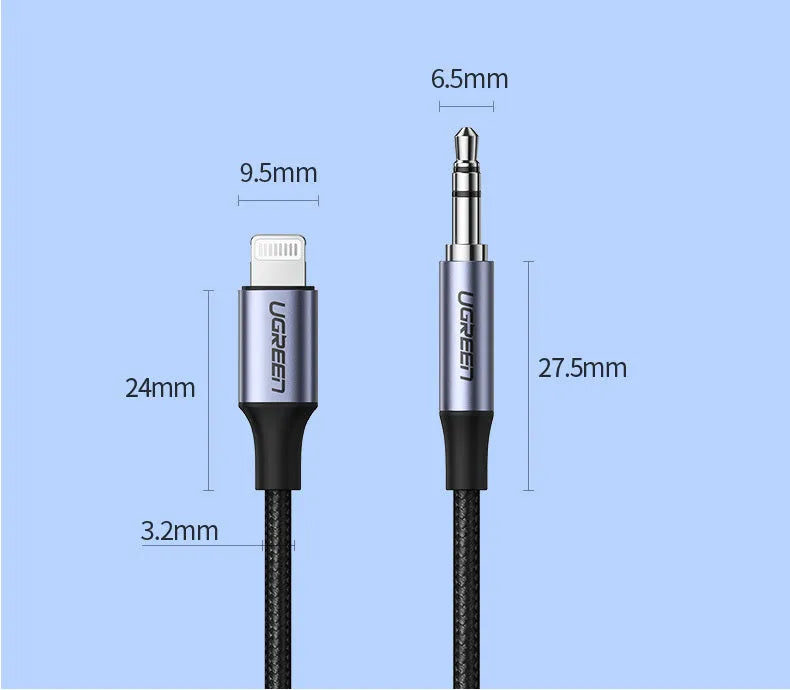 Black Apple Lightning to 3.5mm audio cable with braided TPE coating and aluminium connectors for car use.