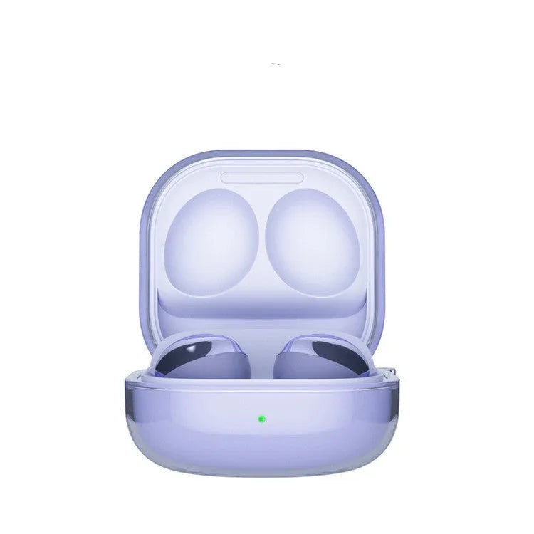 Translucent clamshell-style plastic case for Bluetooth earbuds in gold, black, purple, and clear.
