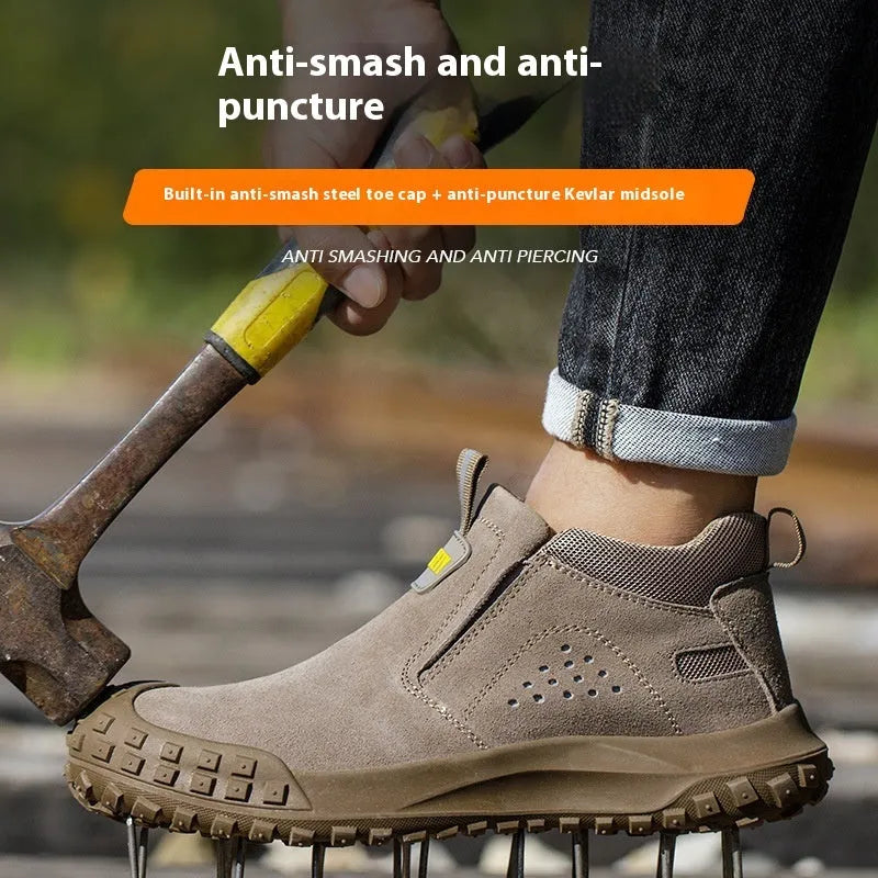 Mid-calf welding safety shoes in grey or khaki with steel cloth and suede leather construction for industrial protection