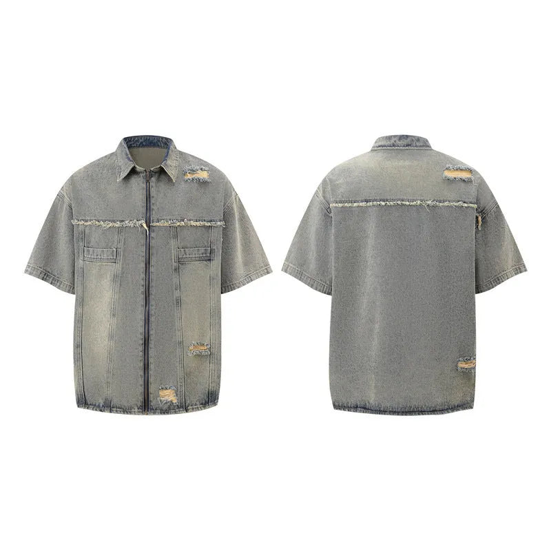 Denim overall suit matching set with short sleeve top and trousers in street fashion style