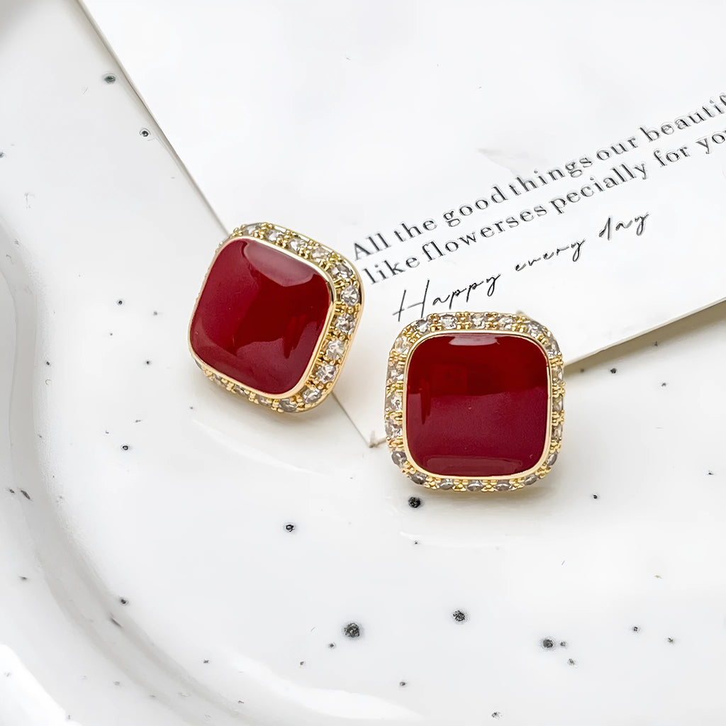 Retro red geometric square alloy earrings with inlaid detailing and seiko treatment