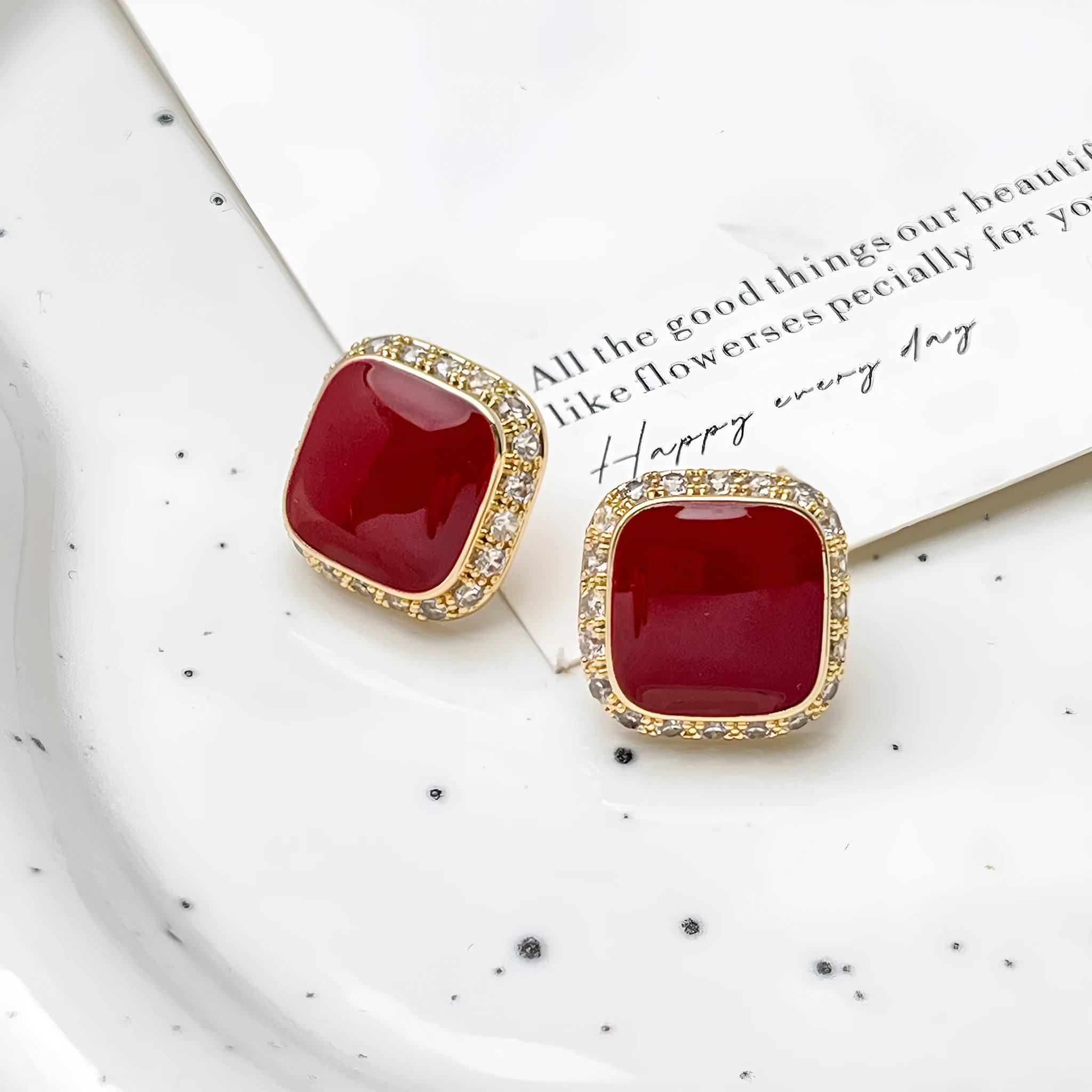 Retro red geometric square alloy earrings with inlaid detailing and seiko treatment