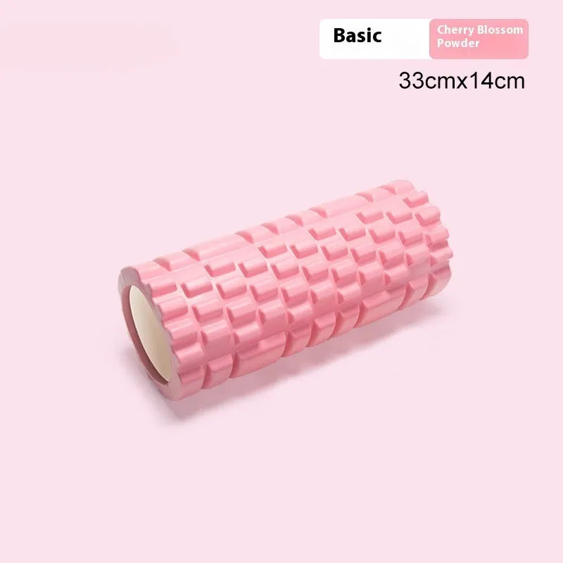 EVA foam fitness roller shown in various colours including black, pink, and blue.
