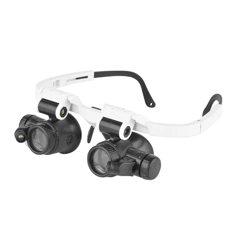White head-mounted magnifying glass with LED light, shown folded and unfolded on a workbench.