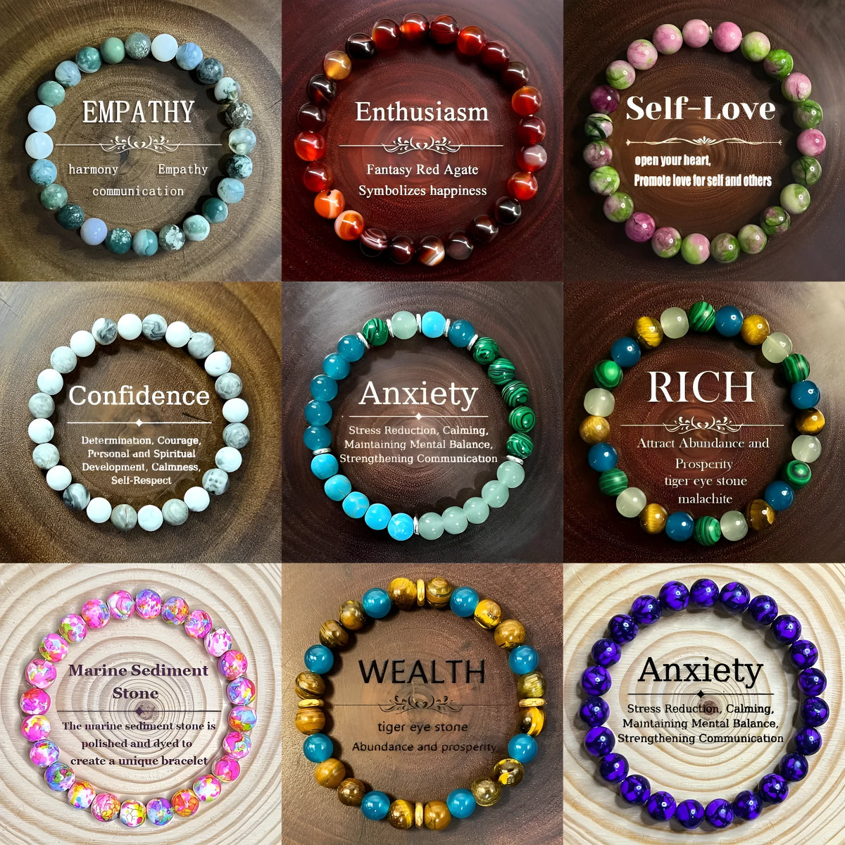 Xi Yin TK handmade unisex beaded bracelet with stone and glass in Style1 to Style10 colour options.