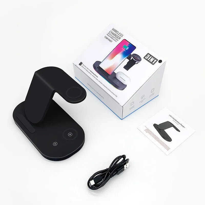 15W three-in-one wireless charger for mobile phones and watches in black and white options