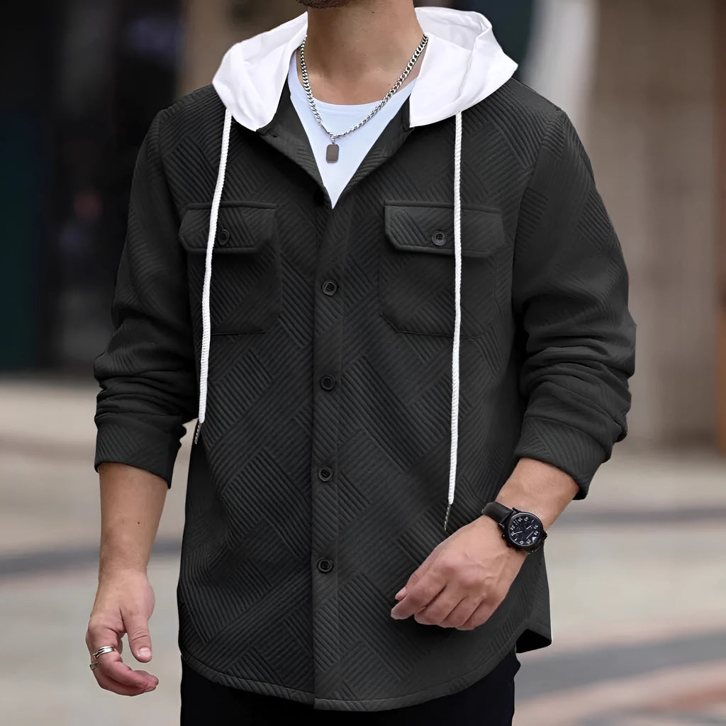 Men's casual sporty colour-block hooded button-up polyester jacket in khaki with pockets, front view