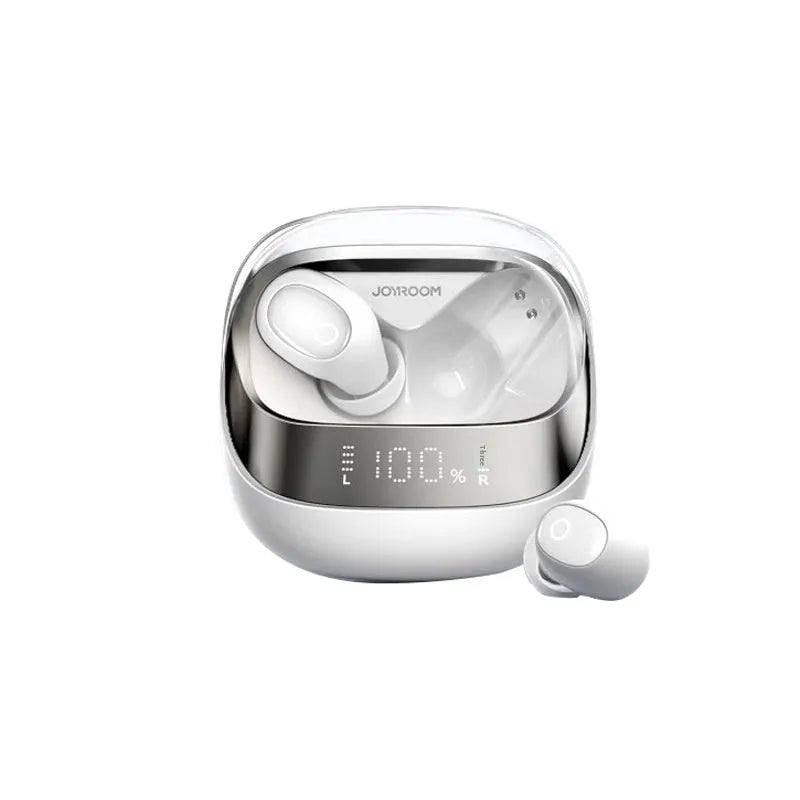 Beige wireless in-ear Bluetooth headphones and charging case on a table with USB-C cable.