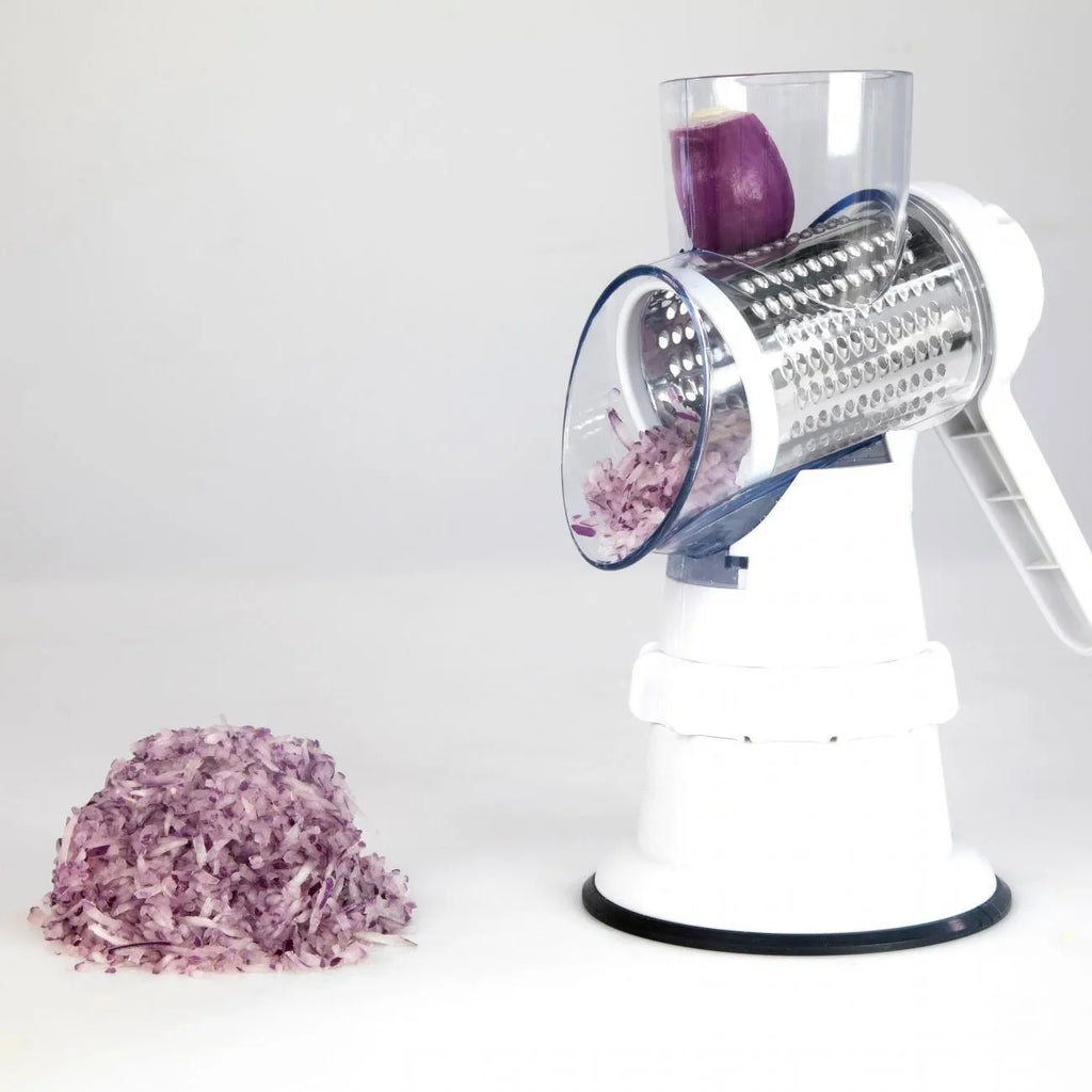 White plastic 3-in-1 manual vegetable slicer with suction feet and stainless steel blades